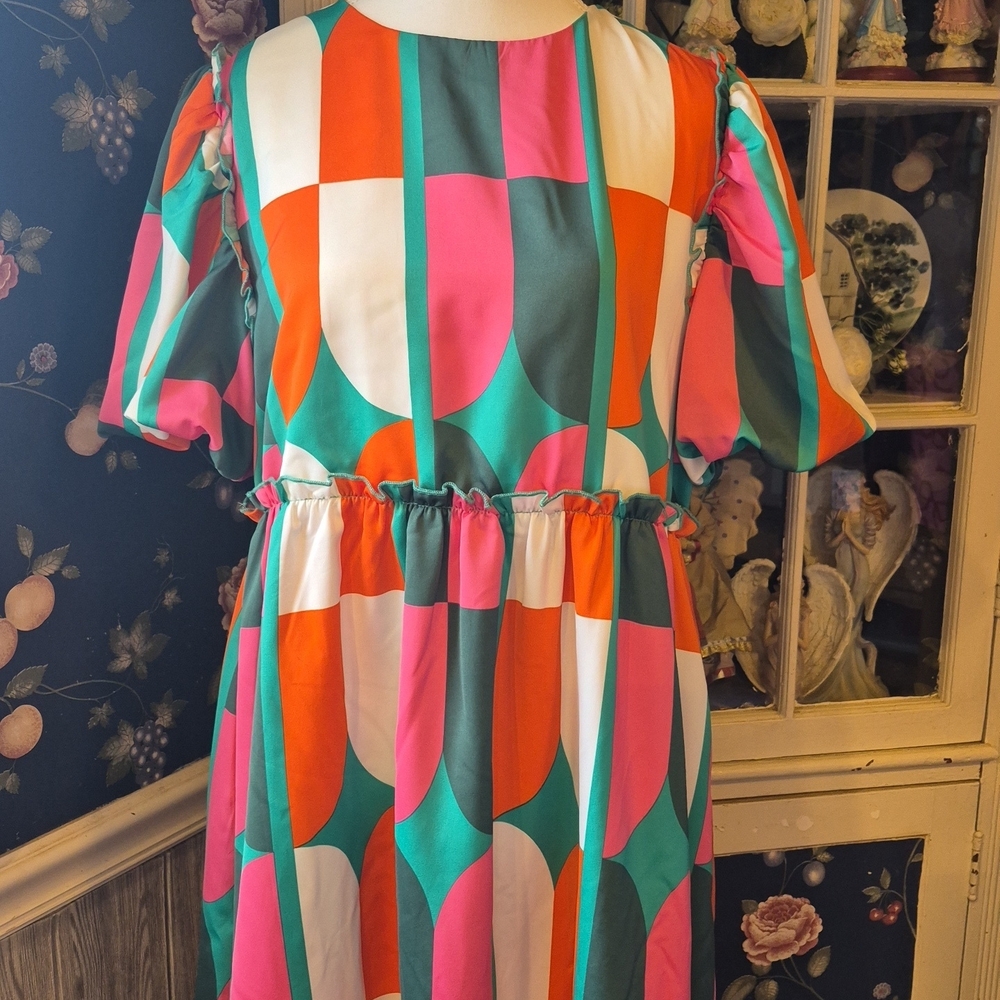 Women's Casual Geo-Print Dress in Pink, Orange & Teal
